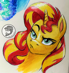 Size: 1606x1714 | Tagged: safe, artist:invalid-david, imported from derpibooru, sunset shimmer, pony, unicorn, bust, female, g4, mare, ponytober 2022, solo, traditional art