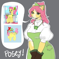 Size: 1080x1080 | Tagged: safe, artist:shinysolaria, imported from derpibooru, posey, anthro, earth pony, pony, spoiler:g5, spoiler:my little pony: tell your tale, spoiler:tyts01e05, bow, clothes, dress, female, g1, g5, g5 to g1, generation leap, gloves, hair bow, jewelry, mane melody, my little pony: tell your tale, necklace, ponytail, posey bloom, scene interpretation, screencap reference, solo