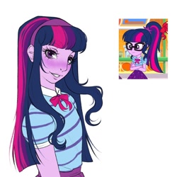 Size: 1080x1080 | Tagged: safe, artist:shinysolaria, imported from derpibooru, twilight sparkle, human, equestria girls, female, screencap reference, simple background, solo, white background
