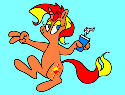 Size: 1167x880 | Tagged: safe, artist:msponies, imported from derpibooru, sunset shimmer, anthro, pony, unicorn, bipedal, drink, drinking straw, g4, hand, lidded eyes, ms paint, peace sign, simple background, smiling, tail, teal background