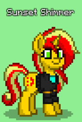 Size: 552x816 | Tagged: safe, imported from derpibooru, sunset shimmer, pony, unicorn, pony town, clothes, green background, jacket, simple background, solo