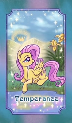 Size: 1206x2048 | Tagged: safe, artist:sophillia, imported from derpibooru, fluttershy, pegasus, pony, female, flower, lying down, major arcana, mare, solo, tarot card