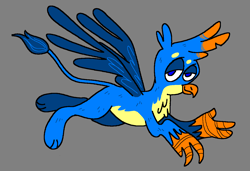 Size: 1296x886 | Tagged: safe, artist:msponies, imported from derpibooru, gallus, griffon, chest fluff, flying, g4, gray background, lidded eyes, male, ms paint, requested art, simple background, smiling, solo, spread wings, tail, wings