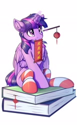 Size: 1252x2048 | Tagged: safe, artist:ravistdash, imported from derpibooru, twilight sparkle, alicorn, pony, adorable face, book, bookhorse, chest fluff, chinese, chinese new year, clothes, cute, daaaaaaaaaaaw, ear fluff, fluffy, lantern, looking at you, magic, micro, mouth hold, paper lantern, purple eyes, sitting, socks, telekinesis, tiny, tiny ponies, twilight sparkle (alicorn)