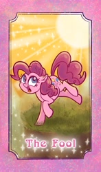 Size: 1206x2048 | Tagged: safe, artist:sophillia, imported from derpibooru, pinkie pie, earth pony, pony, female, major arcana, mare, open mouth, solo, sun, tarot card