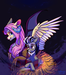 Size: 2784x3155 | Tagged: safe, artist:teaflower300, imported from derpibooru, discord, fluttershy, draconequus, pony, unicorn, beard, book, coils, commission, draconequified, duo, duo male and female, facial hair, female, flutterequus, grin, high res, male, pony discord, signature, smiling, species swap, spread wings, wings