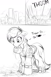 Size: 1200x1800 | Tagged: safe, artist:ravistdash, imported from derpibooru, oc, oc only, oc:ravist, pegasus, pony, accident, apologetic, candy, censored, censored vulgarity, cheek fluff, chest fluff, city, cityscape, clothes, crush fetish, crushing, destruction, ear fluff, fetish, floppy ears, food, giant pony, looking at something, looking down, macro, macro/micro, micro, monochrome, pumpkin, pumpkin bucket, solo, solo focus