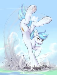 Size: 750x987 | Tagged: safe, artist:ravistdash, imported from derpibooru, oc, oc only, oc:snap fable, pony, unicorn, aircraft, autumn, blast, butt, chest fluff, crater, crush fetish, destruction, dock, ear fluff, explosion, fetish, jumping, looking back, macro, macro/micro, male, micro, plot, shockwave, solo, tail, underhoof