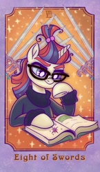Size: 592x1024 | Tagged: safe, artist:sophillia, imported from derpibooru, moondancer, pony, unicorn, book, female, glasses, hoof on chin, mare, reading, studying, tarot card