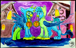 Size: 2852x1797 | Tagged: safe, artist:invalid-david, imported from derpibooru, gallus, sandbar, earth pony, griffon, pony, clothes, costume, g4, halloween, halloween costume, holiday, male, painting, ponytober 2022, sketchbook, traditional art