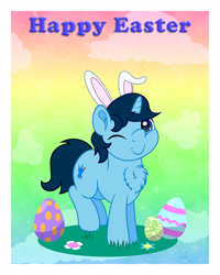 Size: 2000x2500 | Tagged: safe, artist:spellboundcanvas, imported from derpibooru, oc, oc:dusk spellbound, pony, unicorn, bunny ears, chest fluff, commission, easter, easter egg, egg, holiday, male, solo, stallion, ych result