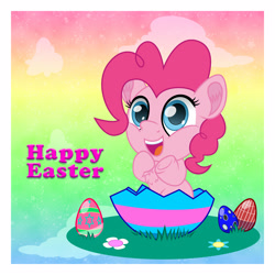 Size: 2500x2500 | Tagged: safe, artist:spellboundcanvas, imported from derpibooru, pinkie pie, earth pony, pony, chibi, commission, easter, easter egg, egg, eggshell, female, holiday, mare, solo, ych result