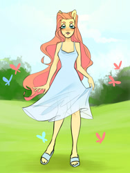 Size: 1200x1600 | Tagged: safe, artist:kavli-kaffel, imported from derpibooru, fluttershy, anthro, butterfly, plantigrade anthro, clothes, dress, female, grass, grass field, mare, sandals, smiling, solo, sundress