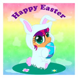 Size: 2500x2500 | Tagged: safe, artist:spellboundcanvas, imported from derpibooru, sunny starscout, earth pony, pony, animal costume, bunny costume, bunny ears, bunny starscout, chibi, clothes, commission, costume, easter, easter egg, egg, female, g5, holiday, mare, solo, sunny bunny, ych result