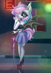 Size: 3500x5000 | Tagged: safe, artist:irinamar, imported from derpibooru, oc, oc only, oc:wet dream, anthro, bat pony, :p, bat pony oc, bat wings, black sclera, choker, clothes, commission, fangs, fishnets, high heels, looking at you, multicolored mane, pastel goth, rain, shoes, signature, skirt, slit pupils, socks, solo, spread wings, stiletto heels, striped socks, thigh highs, tongue out, umbrella, wings, ych result