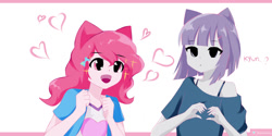 Size: 1280x640 | Tagged: safe, artist:sholechbrony, imported from derpibooru, maud pie, pinkie pie, human, equestria girls, duo, eared humanization, excited, female, heart, heart hands, humanized, open mouth, open smile, siblings, signature, sisters, smiling, sparkles