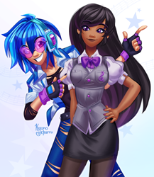 Size: 3514x4050 | Tagged: safe, artist:kyurochurro, imported from derpibooru, dj pon-3, octavia melody, vinyl scratch, human, clothes, dark skin, duo, female, fingerless gloves, gloves, grin, hand on hip, humanized, signature, simple background, smiling, stars, tan skin, white background