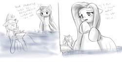 Size: 1444x741 | Tagged: safe, artist:alloyrabbit, imported from derpibooru, fluttershy, rainbow dash, oc, oc:destroyer, boatpony, battleship ponies, blank stare, boat, floppy ears, hesitant, imminent vore, looking at someone, looking down, macro, macro/micro, micro, scared, unwilling predator, unwilling prey