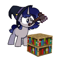 Size: 1000x1000 | Tagged: safe, artist:sugar morning, imported from derpibooru, oc, oc only, oc:moonlit silver, pony, animated, blue eyes, bookshelf, coat markings, commission, cowboy hat, cute, gif, gradient mane, gradient tail, gray coat, hat, male, minecraft, netherite axe, simple background, solo, stallion, stetson, sugar morning's miners, tail, transparent background, witch, witch hat, ych result