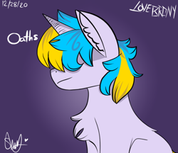 Size: 646x559 | Tagged: safe, artist:lonebrony, imported from derpibooru, oc, oc only, oc:oathkeeper, pony, unicorn, back fluff, bangs, blue mane, chest fluff, digital art, ear fluff, hair covering face, hair over eyes, horn, signature, simple background, solo, unicorn oc, yellow mane