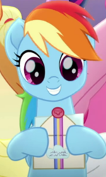 Size: 243x406 | Tagged: safe, imported from derpibooru, screencap, rainbow dash, pony, rainbow roadtrip, cropped, cute, dashabetes, letter, solo focus