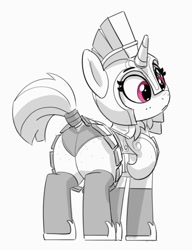 Size: 664x866 | Tagged: safe, artist:pabbley, edit, imported from derpibooru, oc, oc only, unnamed oc, pony, unicorn, armor, butt, butt freckles, clothes, cute, eyebrows, female, freckles, frown, grayscale, guardsmare, helmet, horn, mare, monochrome, ocbetes, panties, partial color, plot, rear view, royal guard, simple background, skirt, solo, underwear, unicorn oc, upskirt, white background