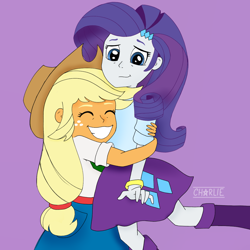 Size: 1280x1280 | Tagged: safe, artist:cheerypie, imported from derpibooru, applejack, rarity, human, equestria girls, belt, boots, clothes, cowboy hat, duo, female, hat, high heel boots, hug, lesbian, rarijack, shipping, shirt, shoes, skirt