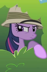 Size: 416x634 | Tagged: safe, imported from derpibooru, screencap, twilight sparkle, pony, unicorn, feeling pinkie keen, bush, cropped, hat, pith helmet, solo