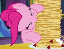 Size: 473x360 | Tagged: safe, imported from derpibooru, screencap, pinkie pie, pony, castle sweet castle, cropped, eating, food, herbivore, pancakes, solo, strawberry, twilight's castle, whipped cream