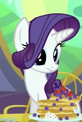 Size: 491x720 | Tagged: safe, imported from derpibooru, screencap, rarity, pony, unicorn, castle sweet castle, blueberry, cropped, food, pancakes, solo, strawberry, twilight's castle, whipped cream