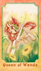 Size: 1186x2048 | Tagged: safe, artist:sophillia, imported from derpibooru, autumn blaze, kirin, cloven hooves, female, flower, leonine tail, open mouth, open smile, smiling, solo, tail, tarot card