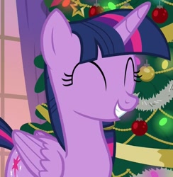 Size: 975x998 | Tagged: safe, imported from derpibooru, screencap, twilight sparkle, alicorn, pony, season 8, the hearth's warming club, spoiler:s08, christmas, christmas tree, cropped, cute, eyes closed, female, hearth's warming tree, holiday, mare, smiling, solo, tree, twiabetes, twilight sparkle (alicorn)