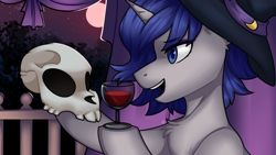 Size: 1280x720 | Tagged: safe, artist:magicstarfriends, imported from derpibooru, oc, oc:moonlit silver, pony, unicorn, alcohol, dead, detailed background, eyeshadow, glass, gradient mane, gray coat, grimcute, hat, horn, makeup, moon, night, open mouth, skull, smiling, unicorn oc, wine, wine glass, witch, witch hat