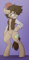 Size: 690x1446 | Tagged: safe, artist:kirbirb, imported from derpibooru, doctor whooves, time turner, oc, oc:maredoc, pony, belly button, bipedal, bowtie, chest fluff, clothes, female, fez, hat, mare, pubic mound, solo, torn clothes