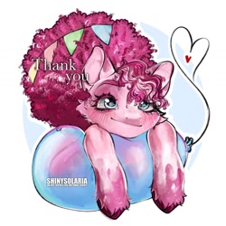 Size: 1440x1440 | Tagged: safe, artist:shinysolaria, imported from derpibooru, pinkie pie, earth pony, pony, alternate hairstyle, balloon, solo, thank you