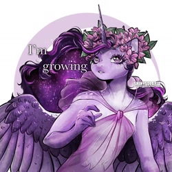 Size: 1440x1440 | Tagged: safe, artist:shinysolaria, imported from derpibooru, part of a set, twilight sparkle, alicorn, anthro, clothes, female, flower, flower in hair, see-through, solo, twilight sparkle (alicorn)