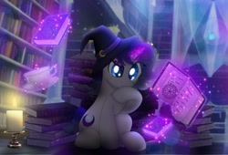 Size: 2048x1393 | Tagged: safe, artist:jade breeze, imported from derpibooru, oc, oc:moonlit silver, pony, blue eyes, book, bookshelf, candle, clip art, detailed background, eyeshadow, gradient mane, gradient tail, hat, lens flare, library, magic, makeup, screencap background, shiny eyes, short tail, sparkles, tail, telekinesis, witch, witch hat