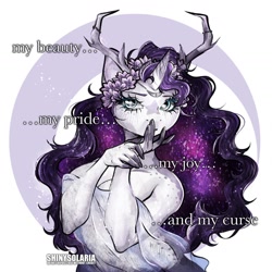 Size: 1440x1440 | Tagged: safe, artist:shinysolaria, imported from derpibooru, part of a set, rarity, anthro, unicorn, alternate hairstyle, breasts, clothes, coat markings, female, floral head wreath, flower, horns, jewelry, see-through, solo