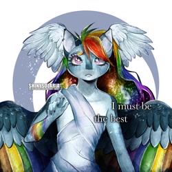 Size: 1440x1440 | Tagged: safe, artist:shinysolaria, imported from derpibooru, part of a set, rainbow dash, anthro, pegasus, clothes, colored wings, ear piercing, female, head wings, industrial piercing, multicolored wings, piercing, rainbow wings, see-through, solo, starry eyes, wingding eyes, wings