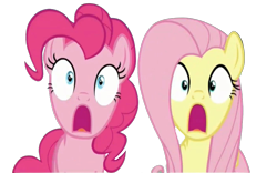 Size: 1280x800 | Tagged: safe, artist:walking-with-dragons, edit, edited screencap, imported from derpibooru, screencap, fluttershy, pinkie pie, pony, background removed, duo, gasping, not a vector, open mouth, simple background, transparent background