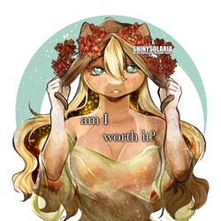 Size: 1440x1440 | Tagged: safe, artist:shinysolaria, imported from derpibooru, part of a set, applejack, anthro, earth pony, cloth, clothes, female, floral head wreath, flower, loose hair, see-through, solo