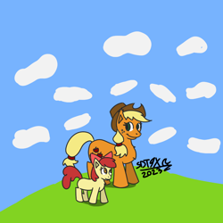 Size: 900x900 | Tagged: safe, artist:sdtwilan9x, imported from derpibooru, apple bloom, applejack, earth pony, pony, duo, female, siblings, signature, sisters