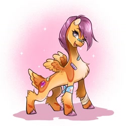 Size: 1440x1440 | Tagged: safe, artist:shinysolaria, imported from derpibooru, scootaloo, pegasus, pony, bandage, bandaid, bandaid on nose, chest fluff, open mouth, open smile, rainbow dash's cutie mark, redesign, small wings, smiling, solo, tail, tail feathers, wings