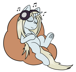 Size: 1111x1063 | Tagged: safe, artist:scraggleman, imported from derpibooru, oc, oc:synthwave, pony, unicorn, bags under eyes, beanbag chair, eyes closed, headphones, male, music notes, simple background, stallion, transparent background, underhoof
