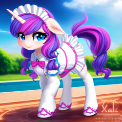 Size: 2048x2048 | Tagged: safe, imported from derpibooru, prompter:mechanic31, oc, oc only, pony, unicorn, ai content, ai generated, clothes, cute, female, generator:purplesmart.ai, generator:stable diffusion, horn, looking at you, maid, maid headdress, mare, river, smiling, smiling at you, solo, tree, unicorn oc, water