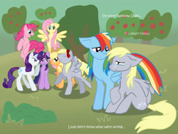 Size: 4000x3000 | Tagged: safe, artist:symrea, imported from derpibooru, applejack, derpy hooves, fluttershy, pinkie pie, rainbow dash, rarity, twilight sparkle, earth pony, pegasus, pony, unicorn, apple, apple tree, comforting, crying, drama, i just don't know what went wrong, old art, tree