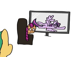 Size: 946x757 | Tagged: safe, artist:nerdynordic, imported from derpibooru, hitch trailblazer, sunny starscout, twilight sparkle, alicorn, earth pony, pony, caught, chair, draw me like one of your french girls, embarrassed, female, g5, internet, male, monitor, simple background, spread wings, twilight sparkle (alicorn), white background, wings