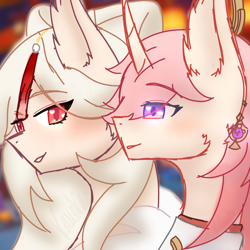 Size: 2000x2000 | Tagged: safe, artist:asiandra dash, imported from derpibooru, earth pony, pony, unicorn, colored, colored sketch, ear piercing, earring, genshin impact, horn, jewelry, lipstick, ningguang (genshin impact), piercing, ponified, sketch, yae miko (genshin impact)