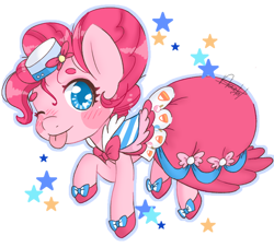 Size: 786x712 | Tagged: safe, artist:derpyvr, imported from derpibooru, pinkie pie, earth pony, pony, blush sticker, blushing, clothes, cute, diapinkes, dress, female, gala dress, looking at you, mare, one eye closed, simple background, solo, tongue out, transparent background, wink, winking at you