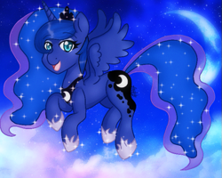 Size: 641x513 | Tagged: safe, artist:derpyvr, imported from derpibooru, princess luna, alicorn, pony, crescent moon, female, flying, looking at you, mare, moon, open mouth, open smile, smiling, smiling at you, solo, spread wings, wings